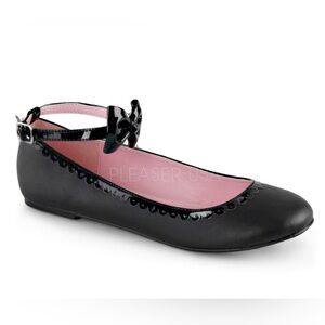 Demonia star-27 ankle strap flat with studded bow and scalloped detail. Size 5